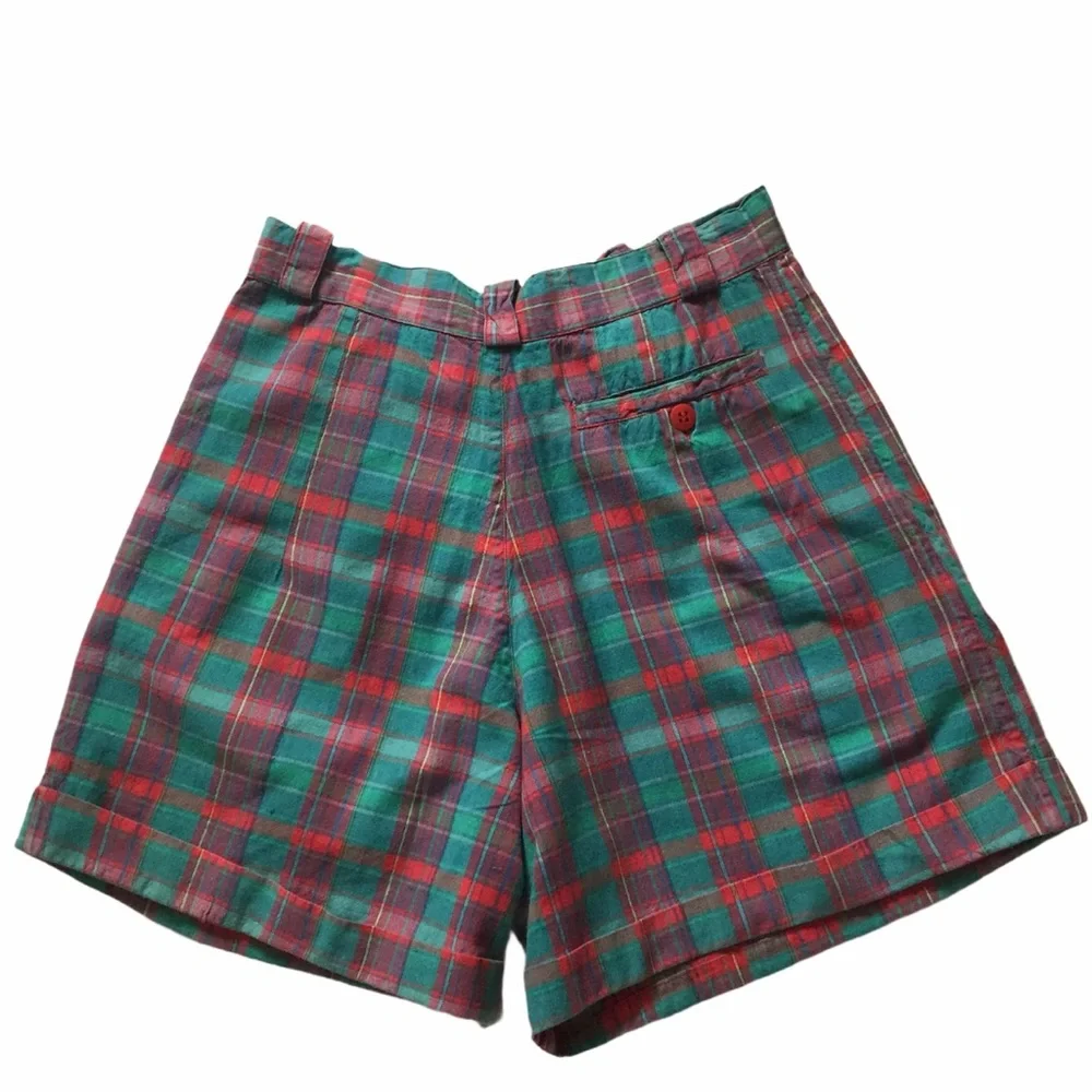 Vintage 80s Ultra Fun Peddlers Cotton Shorts Green and Red Plaid Juniors Size 9 - Picture 5 of 12